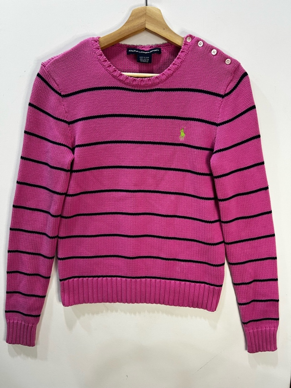 Ralph Lauren Hot Pink Striped Crewneck Sweater with Shoulder Buttons